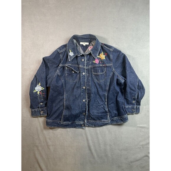 TOMMY HILFIGER Floral Embroidery DENIM Trucker Jacket Women 3X - Picture 1 of 8